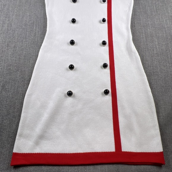 Oyrosy Sleeveless Ribbed Sweater Dress Womens SZ MED White Red W/Black Buttons - Picture 3 of 13